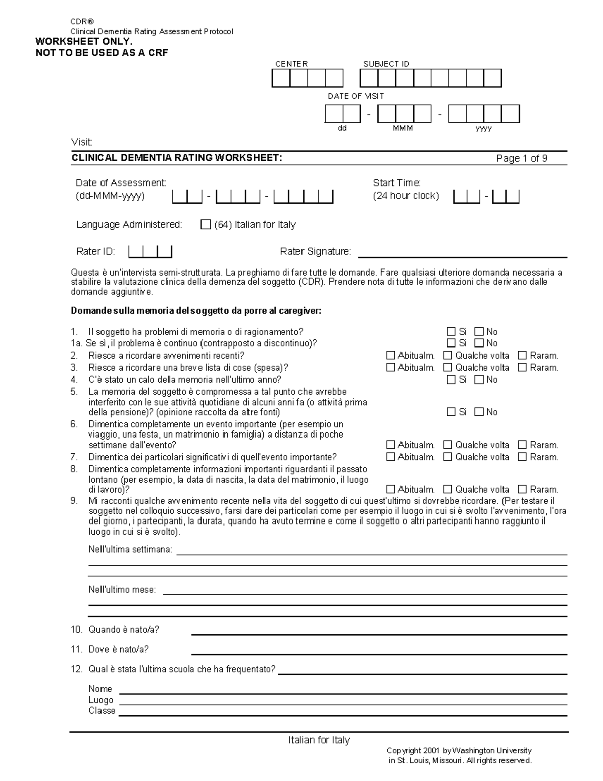 Clinical Dementia Rating (CDR) Assessment Protocol - Worksheet Only ...