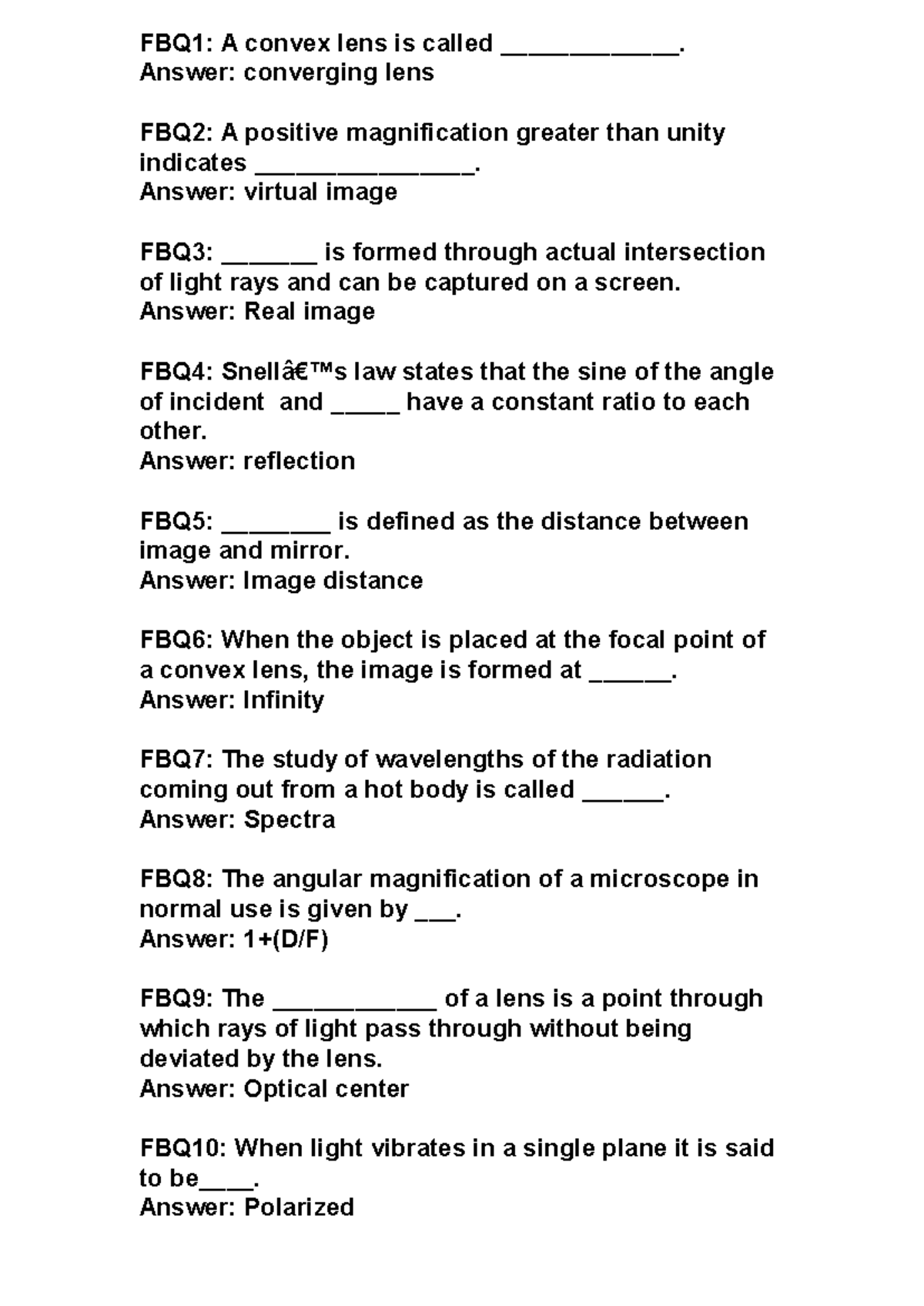 PHY103: Key Concepts and Answers on Optics and Light - Studocu