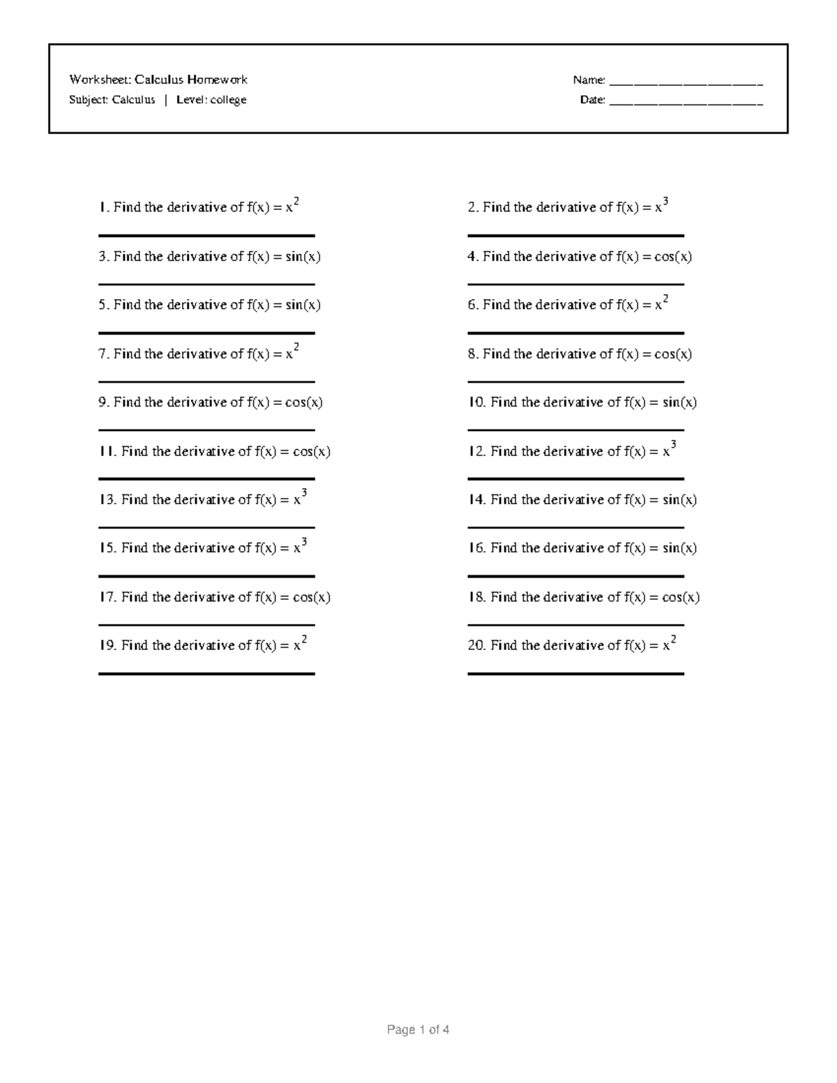 Calculus Homework Worksheet: Derivatives & Word Problems - Studocu