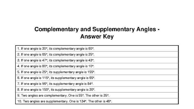 Complementary supplementary angles answer key - Complementary and ...