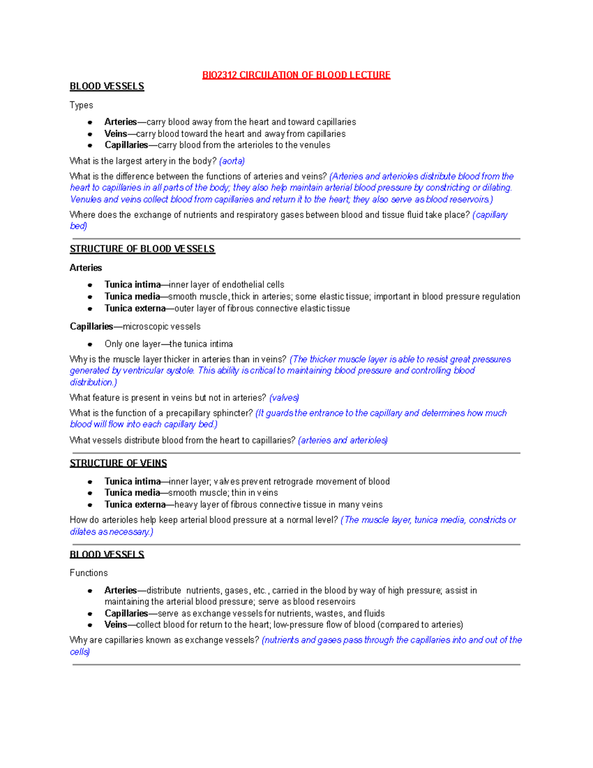 BIO2312 Circulation of Blood Lecture Notes and Key Concepts - Studocu