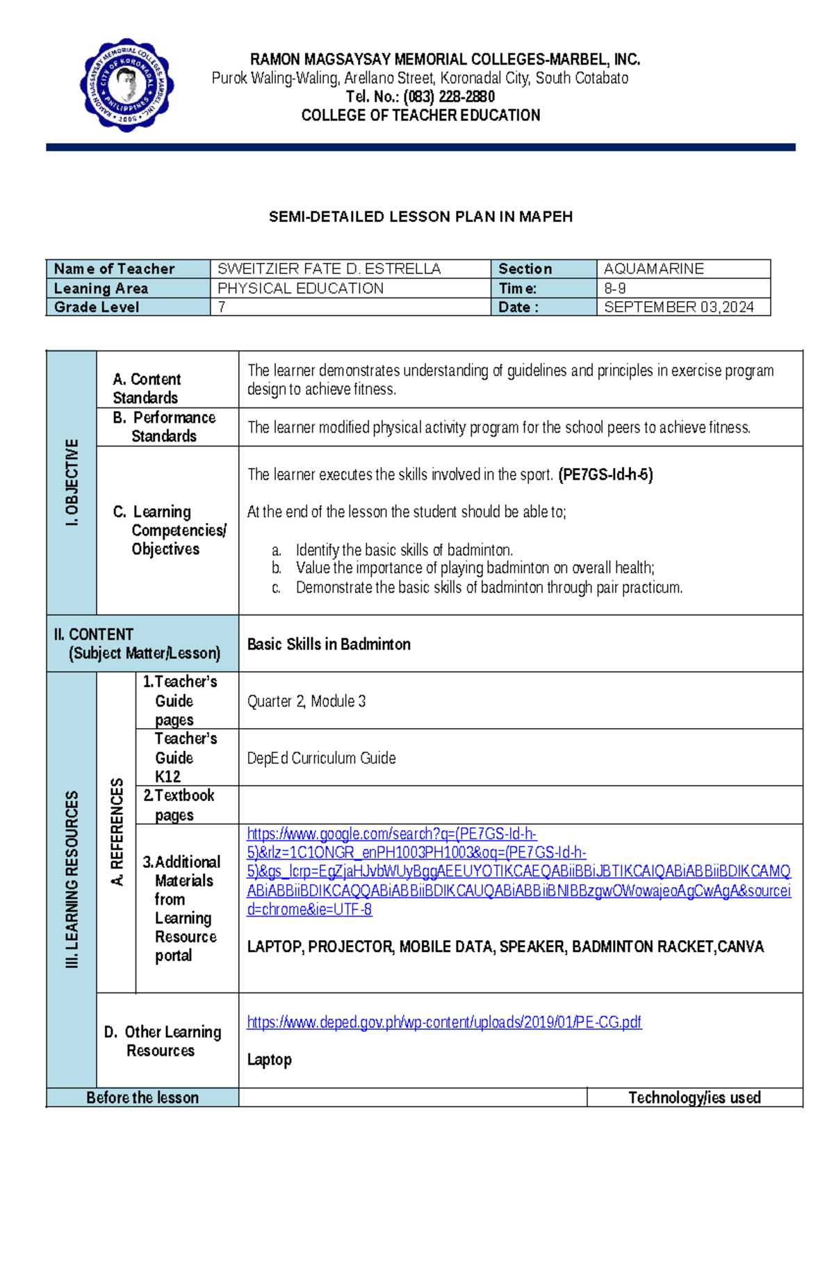 MAPEH I Lesson Plan: Basic Skills in Badminton (Grade 7) - Studocu