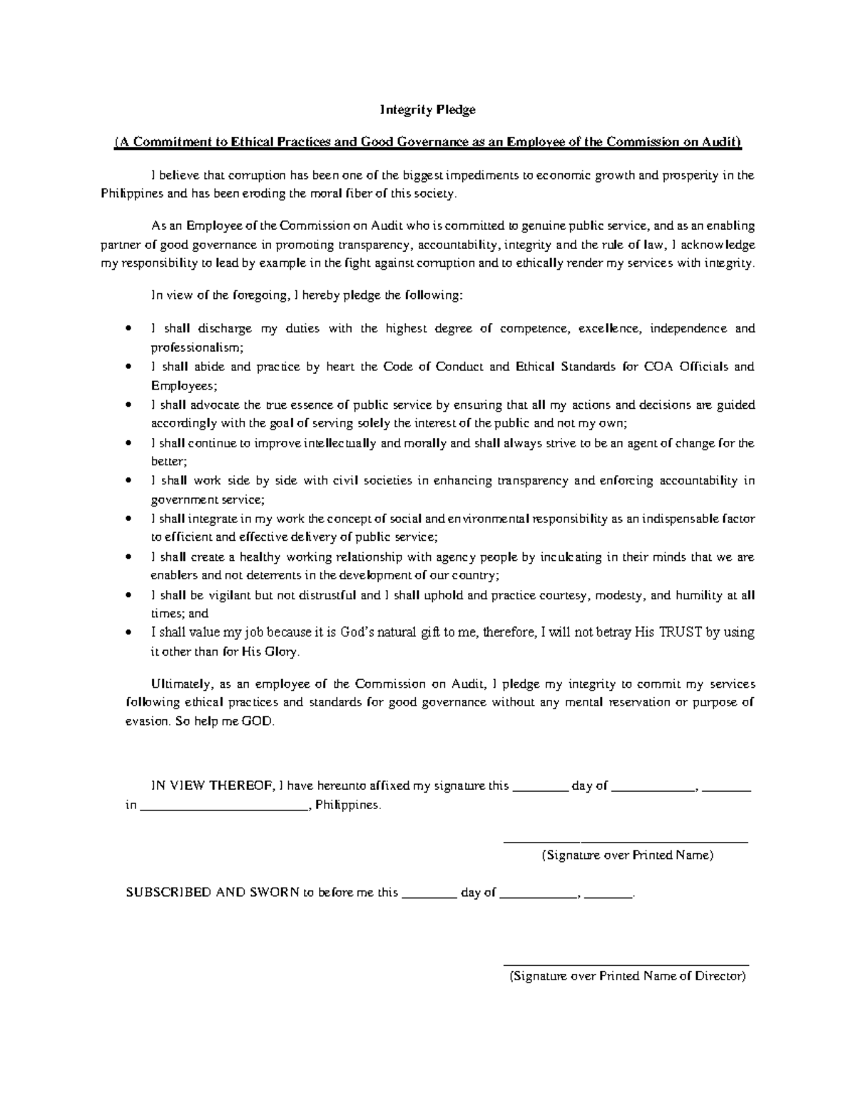 729379309 Integrity Pledge Form - Integrity Pledge (A Commitment to ...