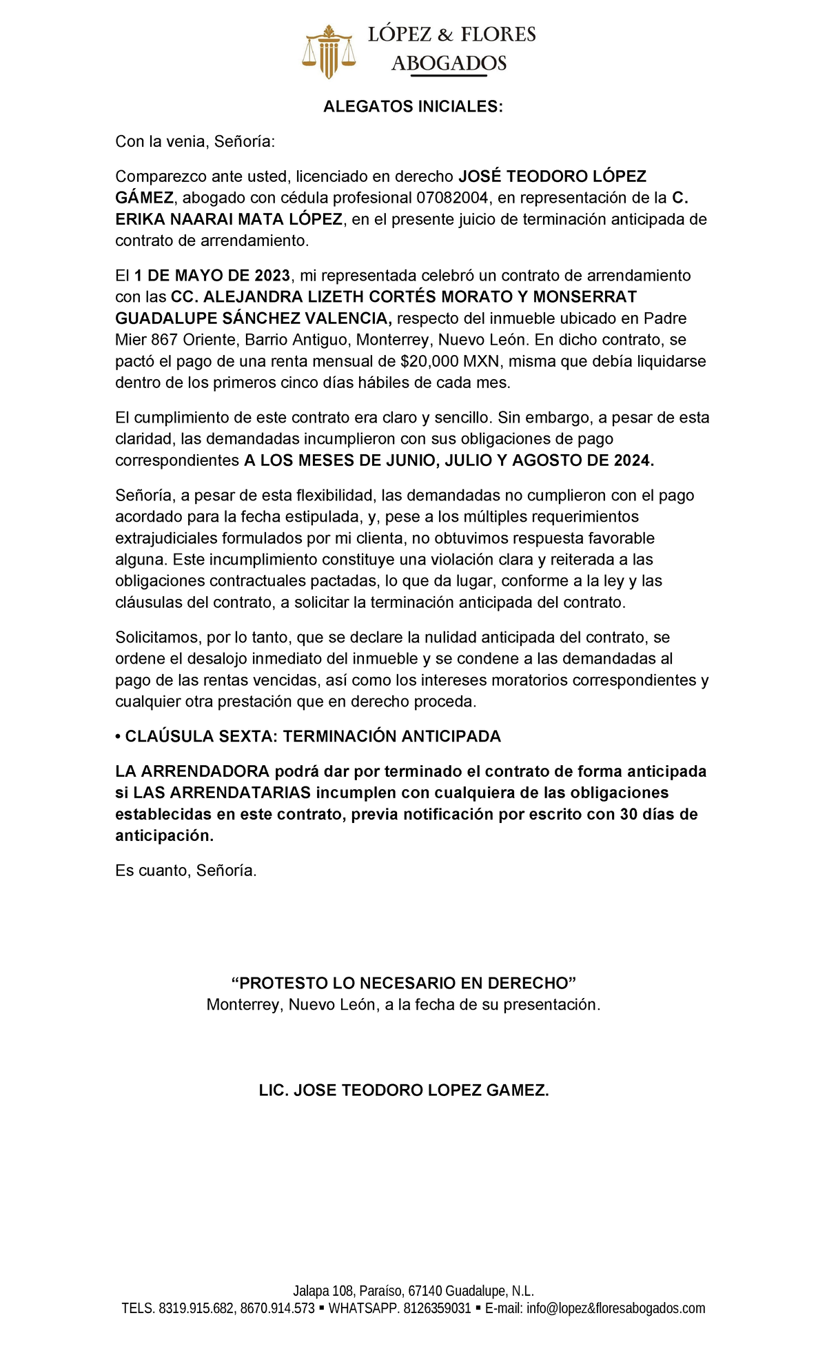 Alegatos Iniciales Parte Actora - ALEGATOS INICIALES: Con la venia ...