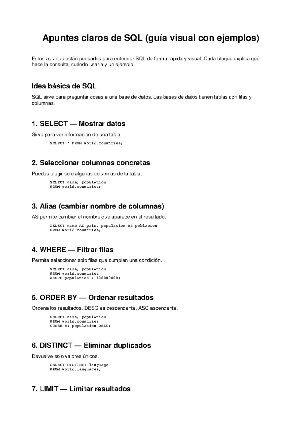 Apuntes SQL Visuales: Guía Rápida con Ejemplos y Consultas - Studocu