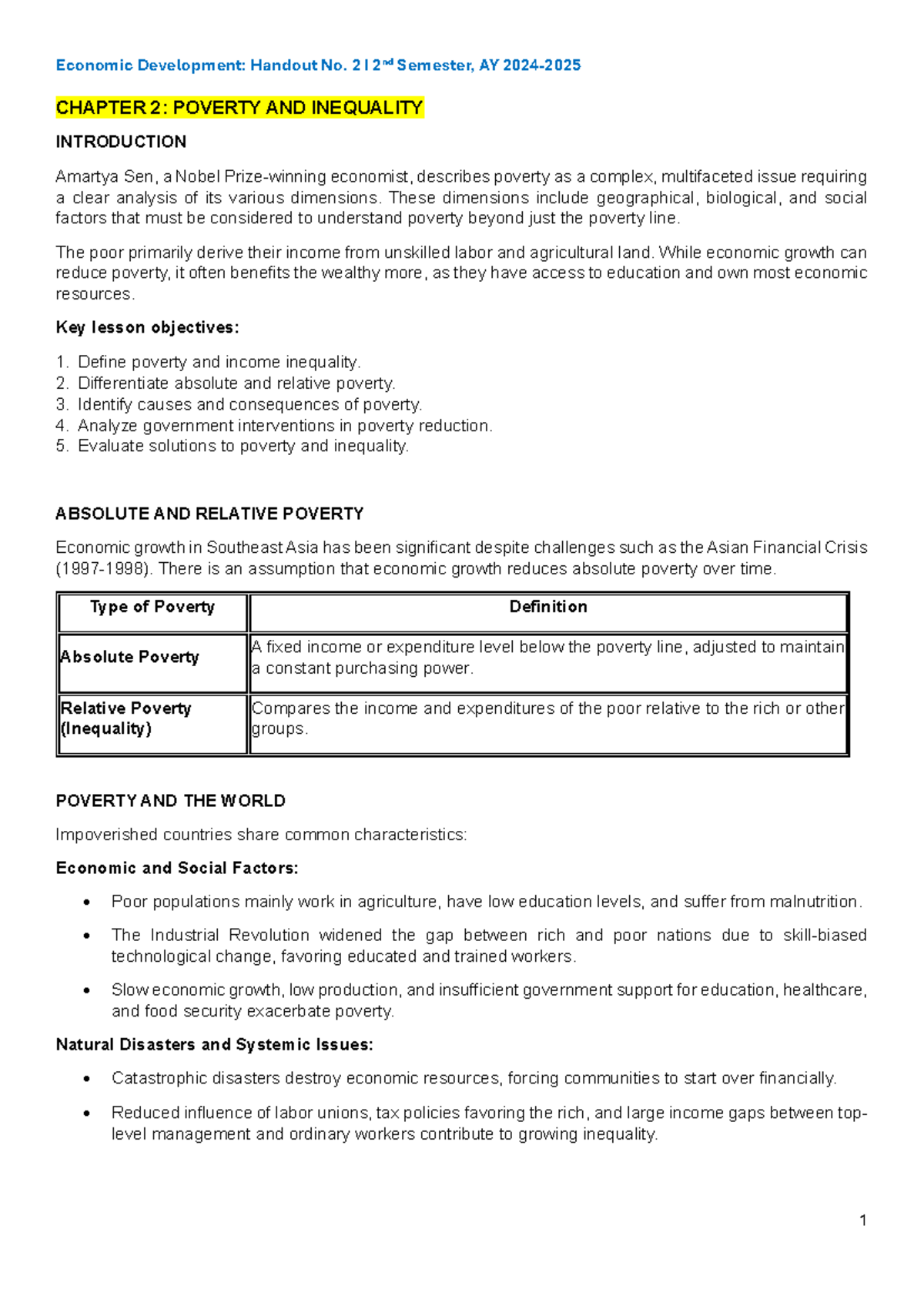 ECON DEV Handout 2 - economic development - CHAPTER 2: POVERTY AND ...