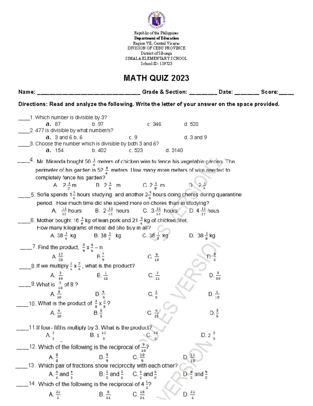 MATH QUIZ 2023 - A quiz for Math 6 Quarter 1 - Republic of the ...