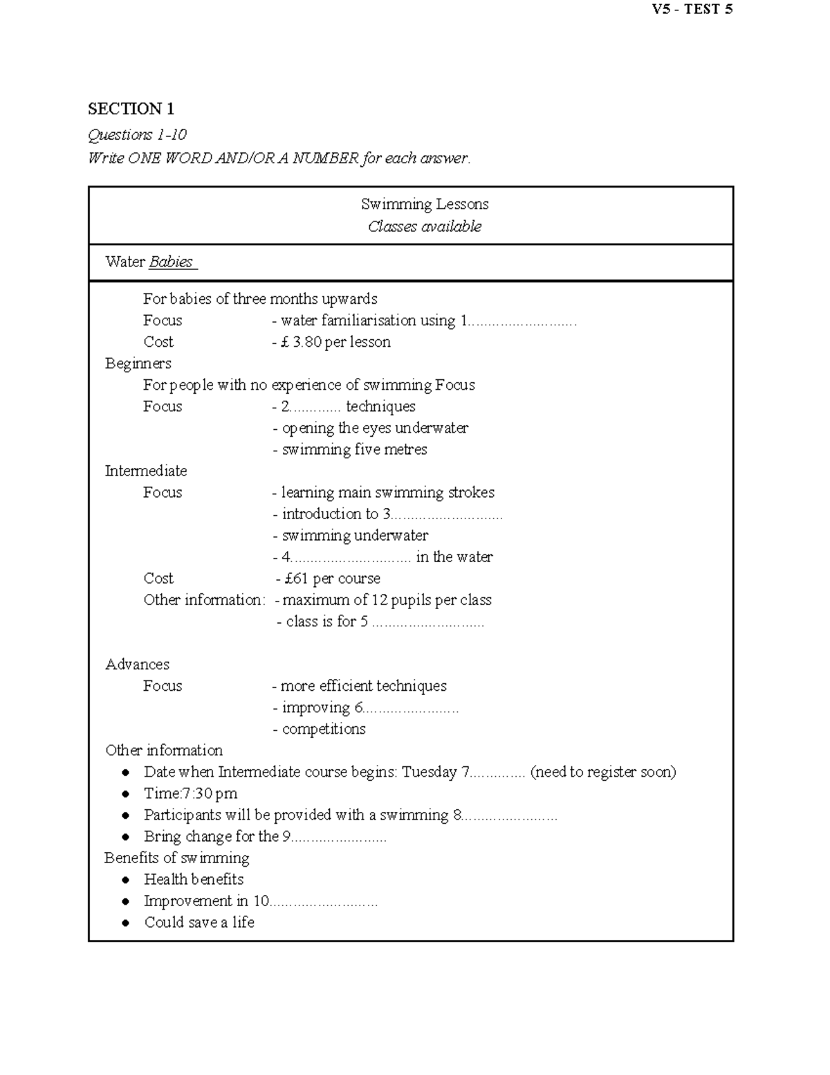 Test 5 - V5 Questions and Answers for Swimming Lessons and Skills - Studocu
