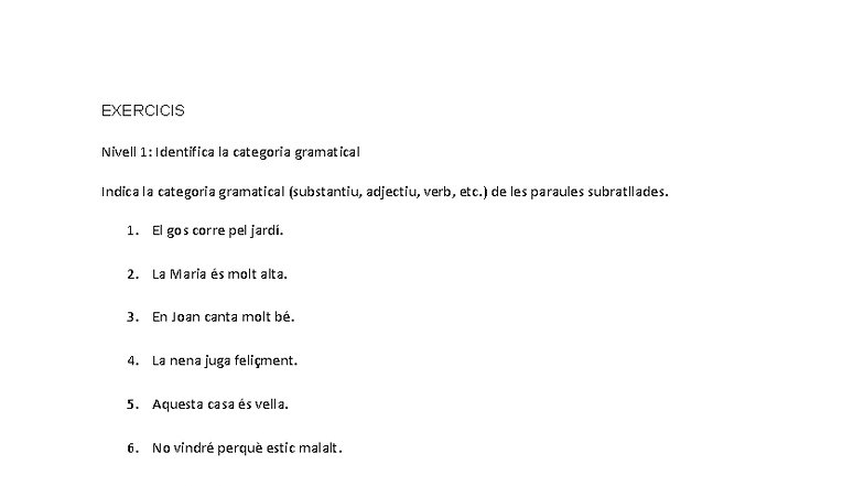 Exercicis de Gramàtica Nivell 1 i 2: Identificació i Classificació ...