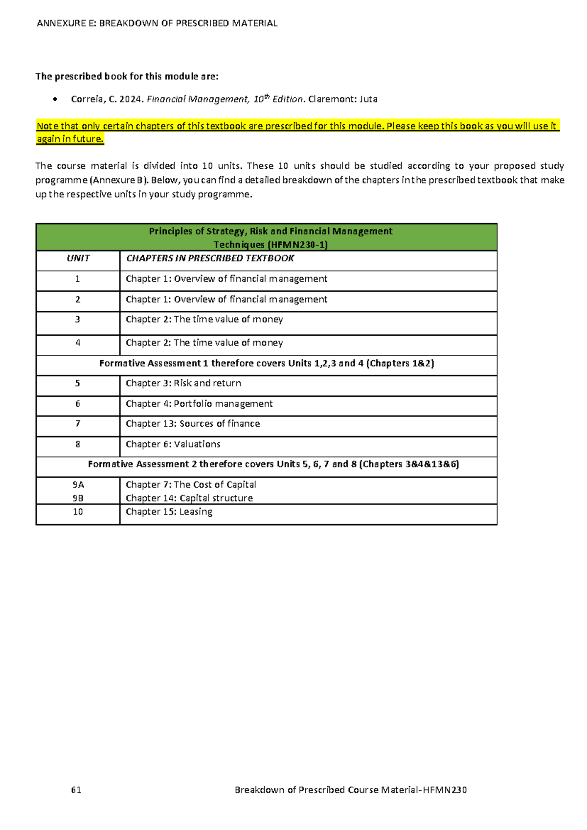E. Breakdown of Prescribed Course Material-HFMN230-1 - 61 Breakdown of ...