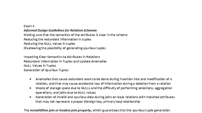 Exam 4 - Informal Design Guidelines for Relation Schemas - Studocu