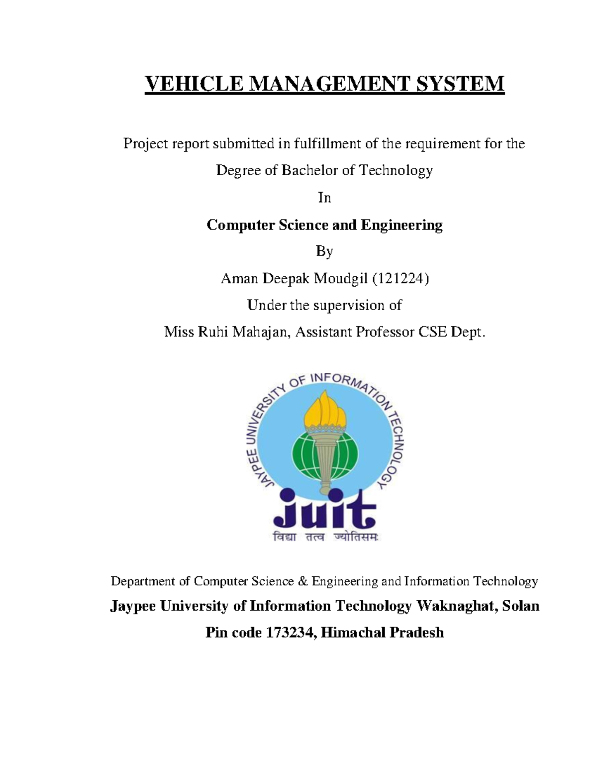 VEHICLE MANAGEMENT SYSTEM Project Report - B.Tech CSE (121224) - Studocu