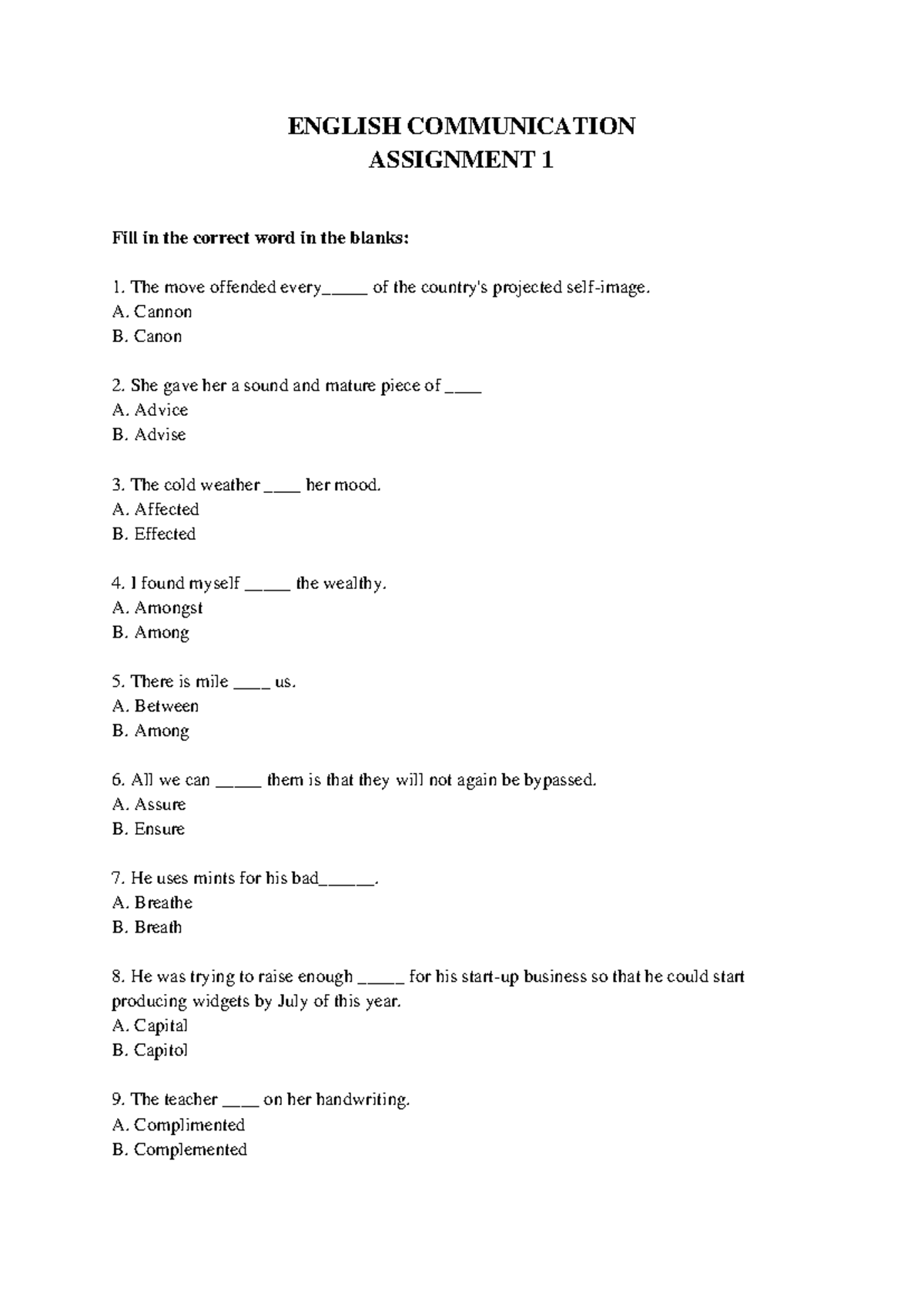 EC Assignment 1 - ENGLISH COMMUNICATION ASSIGNMENT 1 Fill in the ...