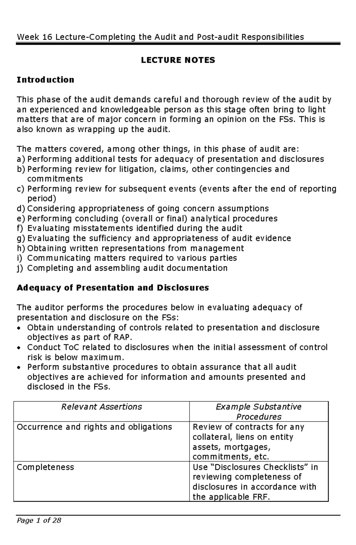 Week 16: Audit Responsibilities & Final Review LECTURE NOTES - Studocu