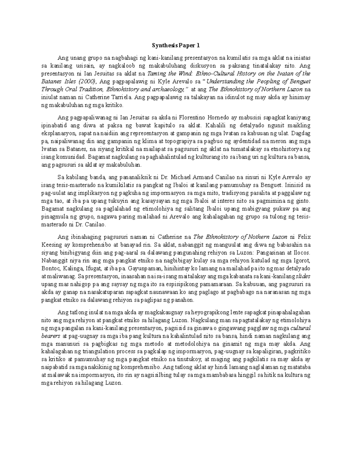 Synthesis Paper 1: Pagsusuri sa Etnohistory ng Hilagang Luzon - Studocu