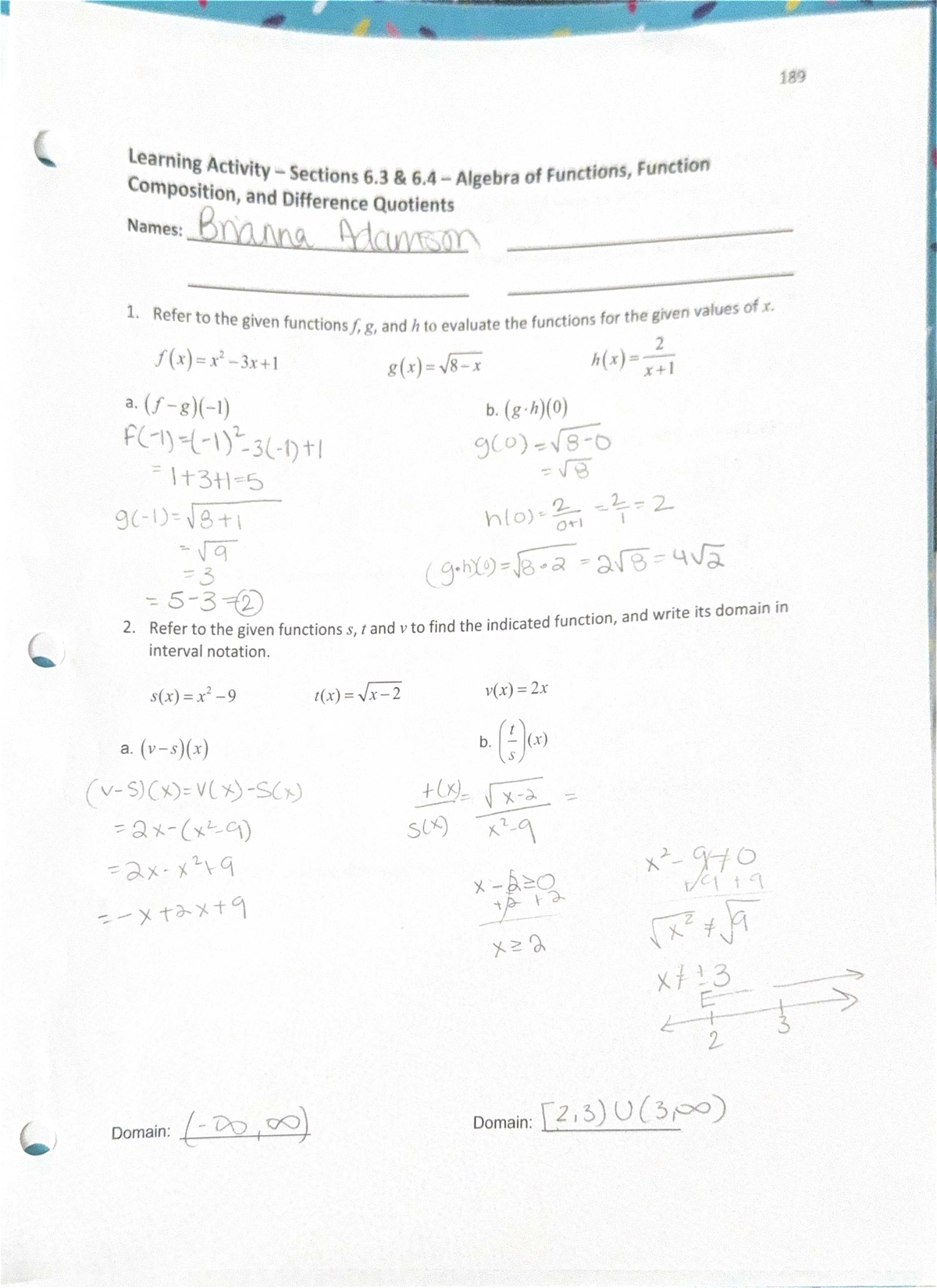 189 Learning Activity: Algebra of Functions & Composition (Sections 6.3 ...