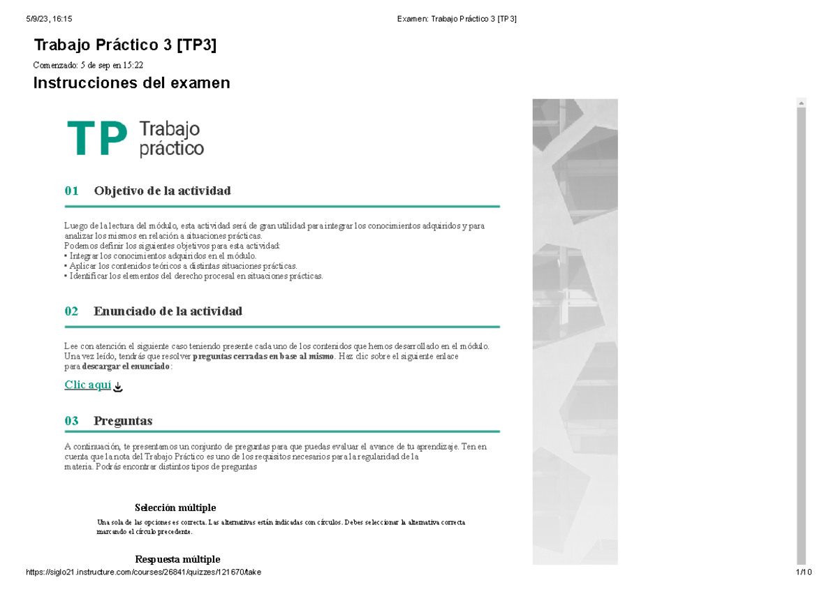 Trabajo Práctico 3 [TP3]: Instrucciones y Preguntas del Examen - Studocu