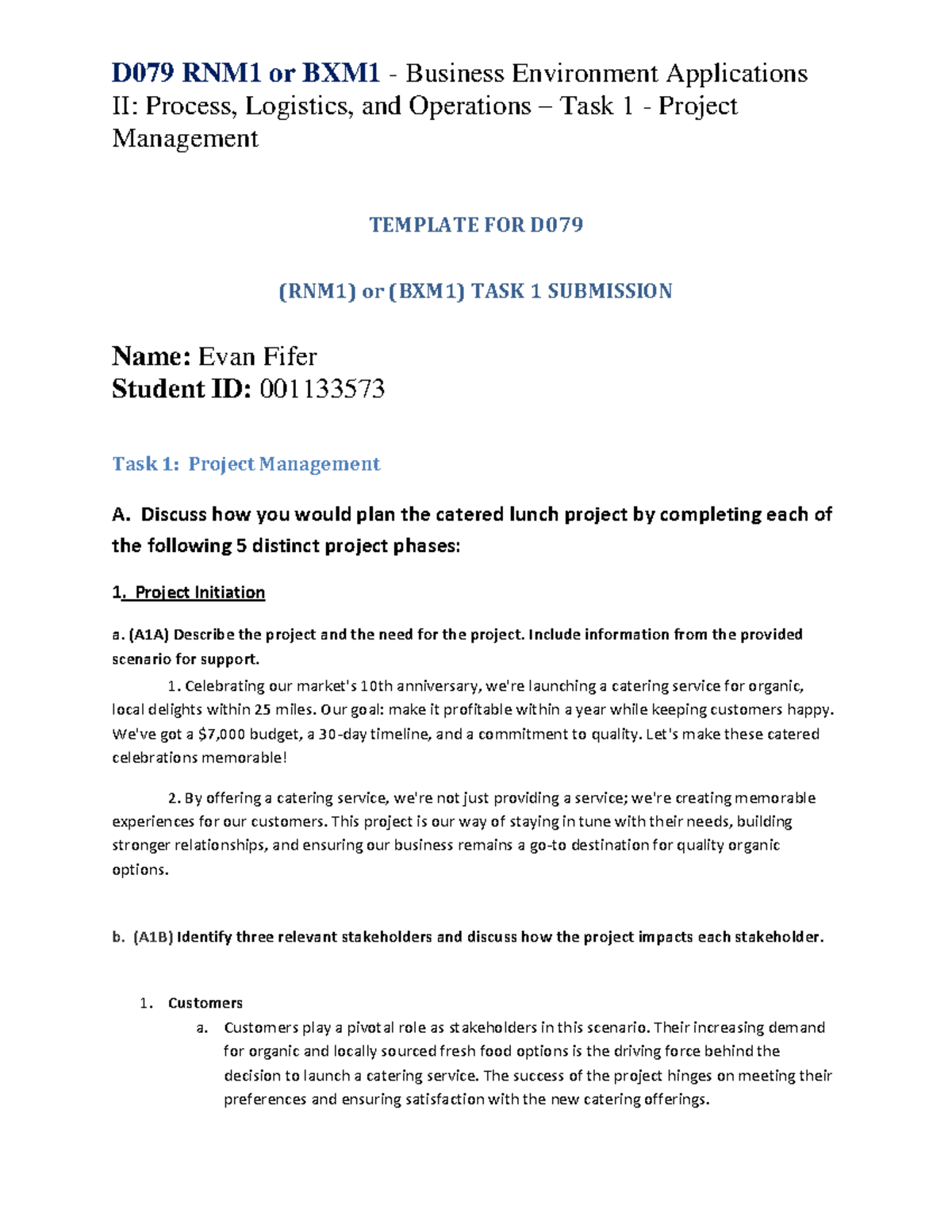 D079 RNM1/BXM1 Task 1: Project Management for Catering Service Launch ...