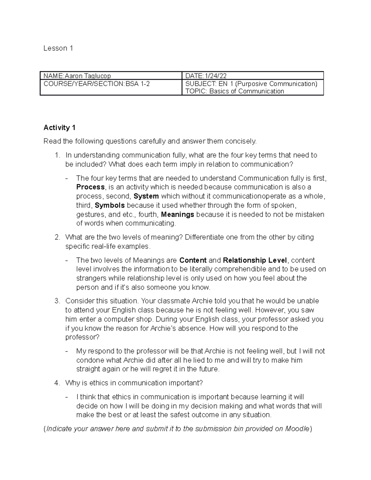 BSA 1-2 EN 1 Lesson 1 - Activity on Basics of Communication - Studocu