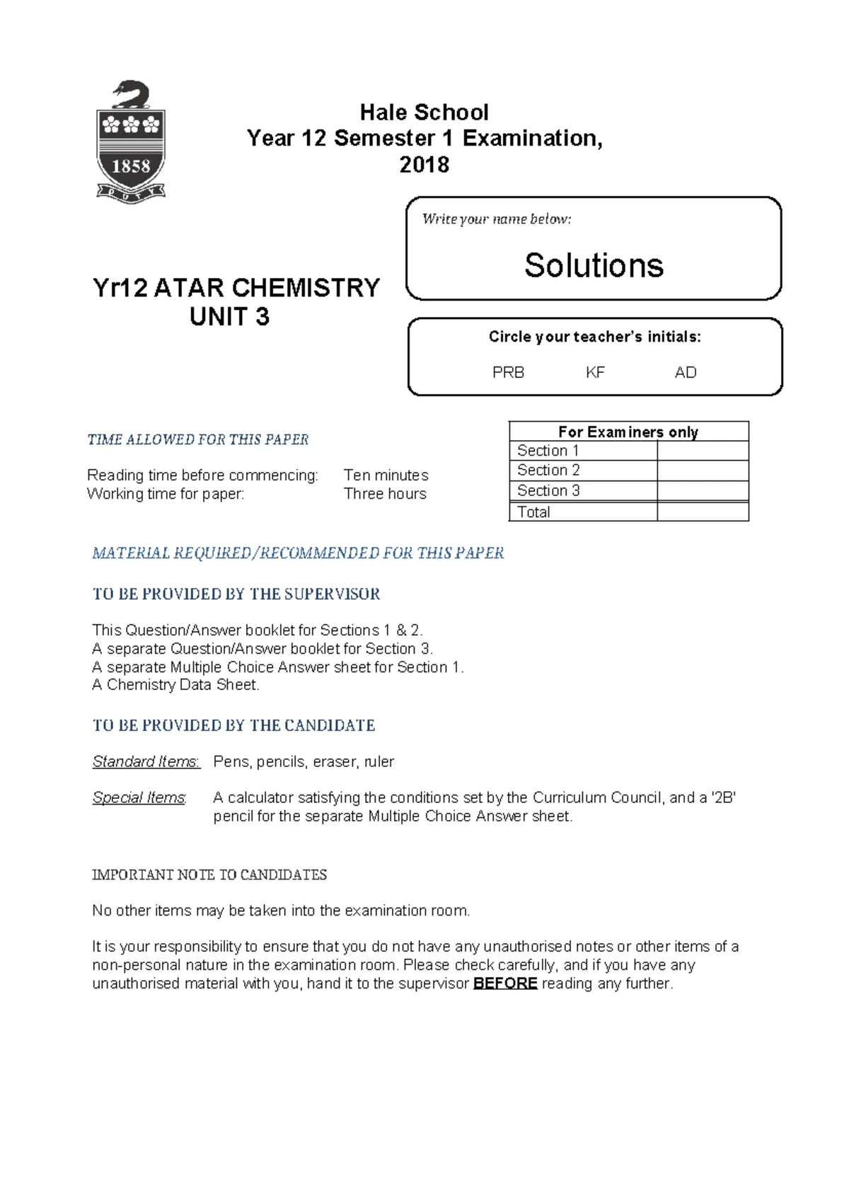 Year 12 ATAR Chemistry Unit 3 - 2018 Semester 1 Exam Paper - Studocu