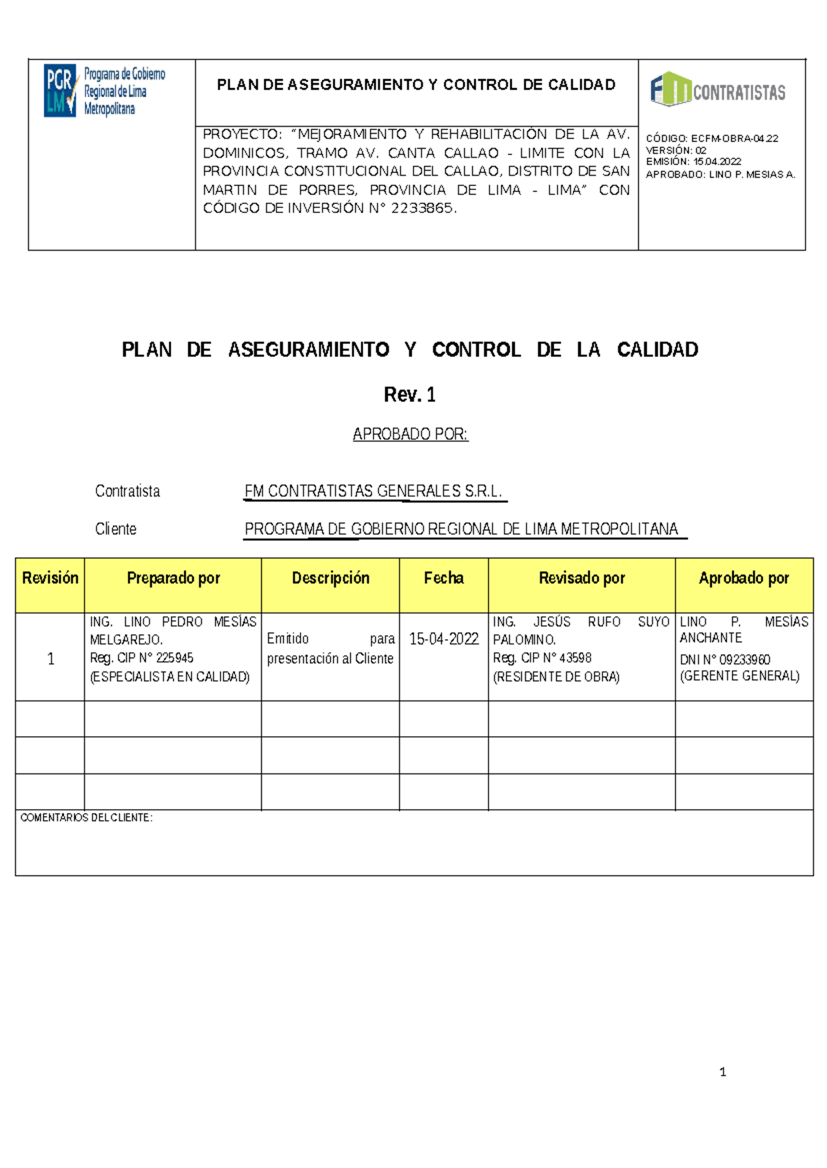 PLAN DE ASEGURAMIENTO Y CONTROL DE CALIDAD - PROYECTO AV. DOMINICOS ...
