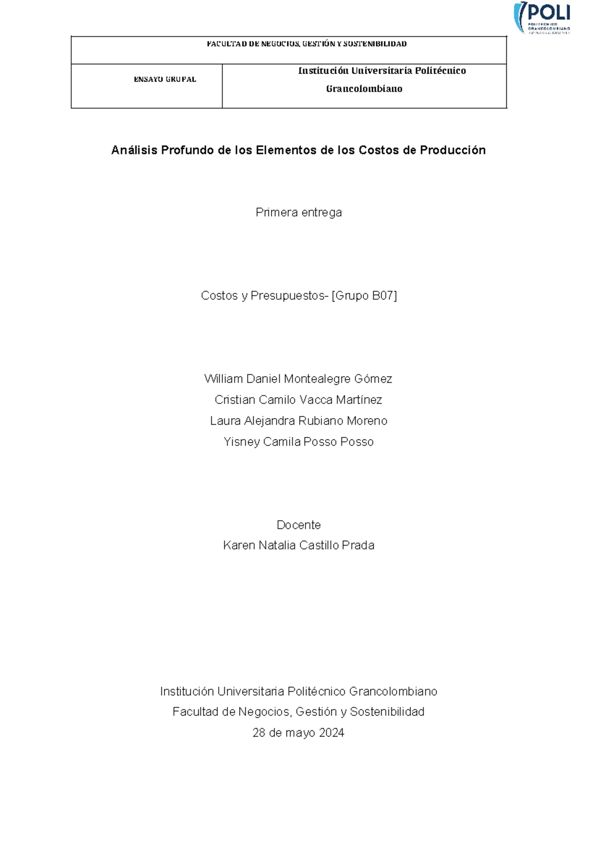 Entrega 1 - Análisis de Costos y Presupuestos en Producción - Studocu
