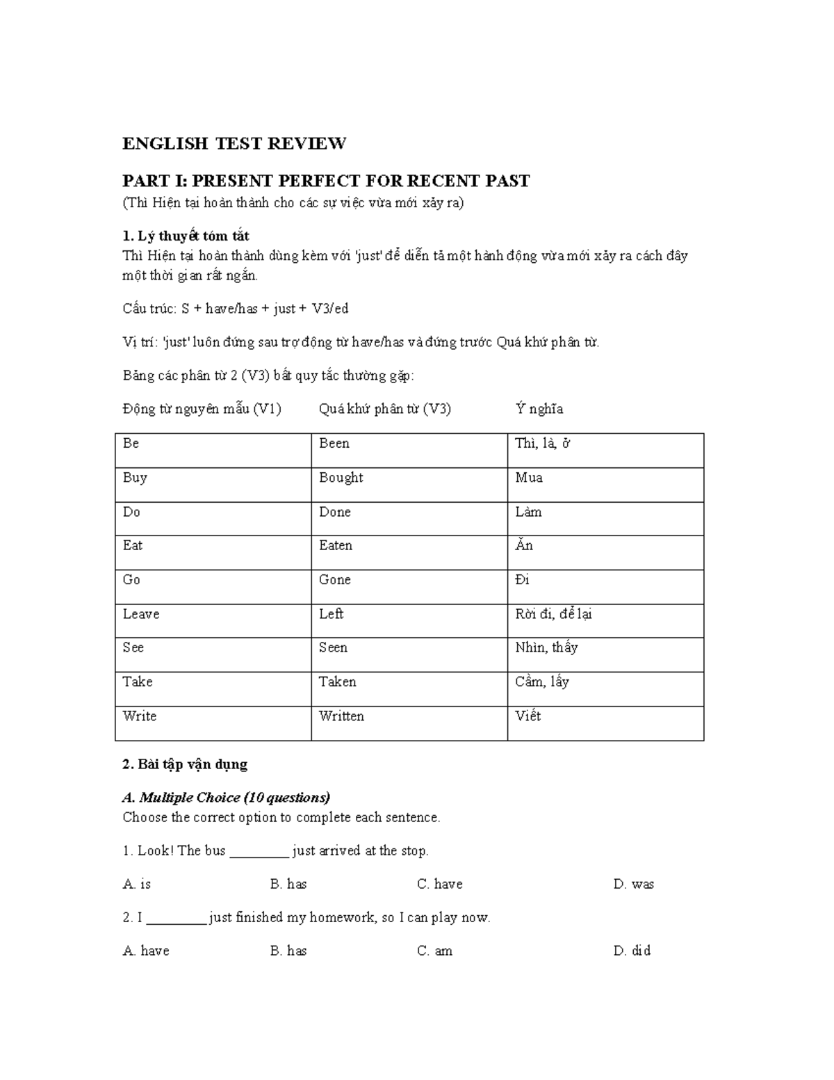 ENGLISH 101: PRESENT PERFECT TENSE TEST REVIEW - Studocu