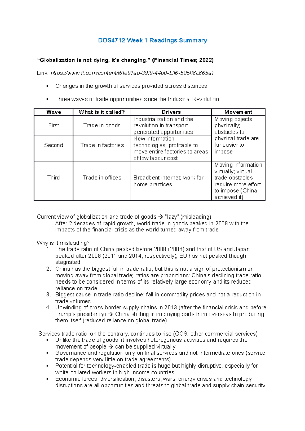 DOS4712 Summary of Week 1 Readings: Globalization & Supply Chains - Studocu