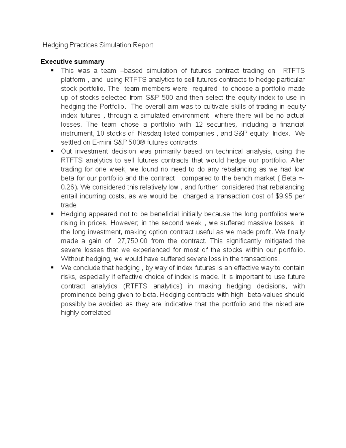 Hedging Practices Simulation Report (FIN 401) - Analysis & Results ...