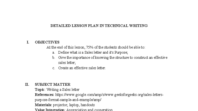TECH WRITING I: DETAILED LESSON PLAN ON SALES LETTERS - Studocu