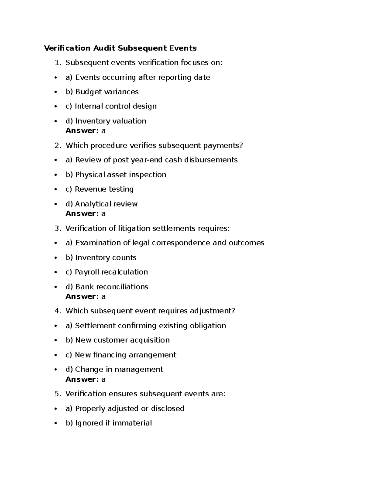Verification Audit of Subsequent Events: Key Procedures and Risks - Studocu