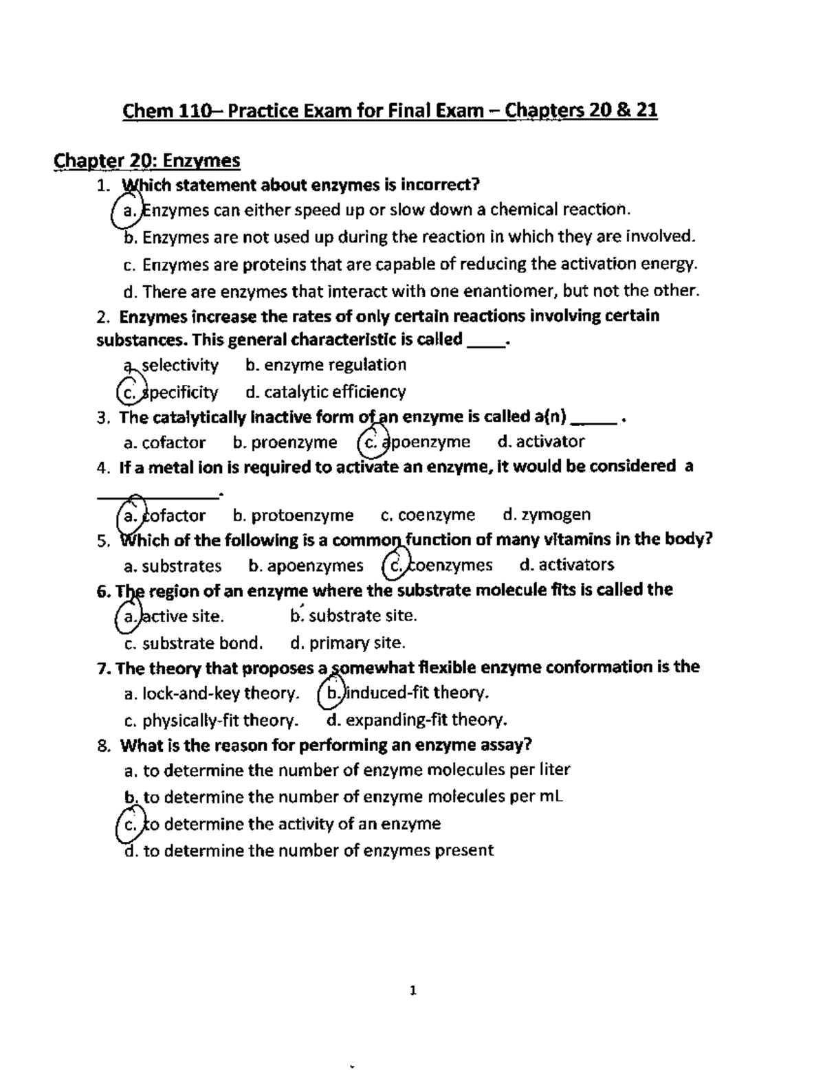 Chem 101 Practice Exam Final Exam Answer Key for Chapters 20 & 21 - Studocu
