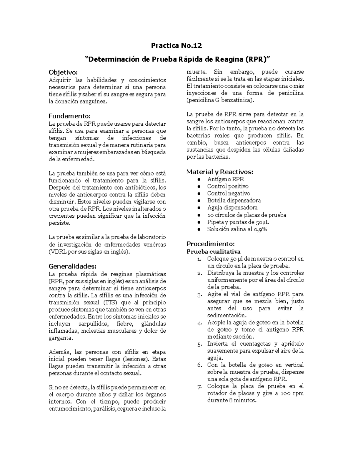 Práctica No. 12: Determinación de la Prueba Rápida RPR para Sífilis ...