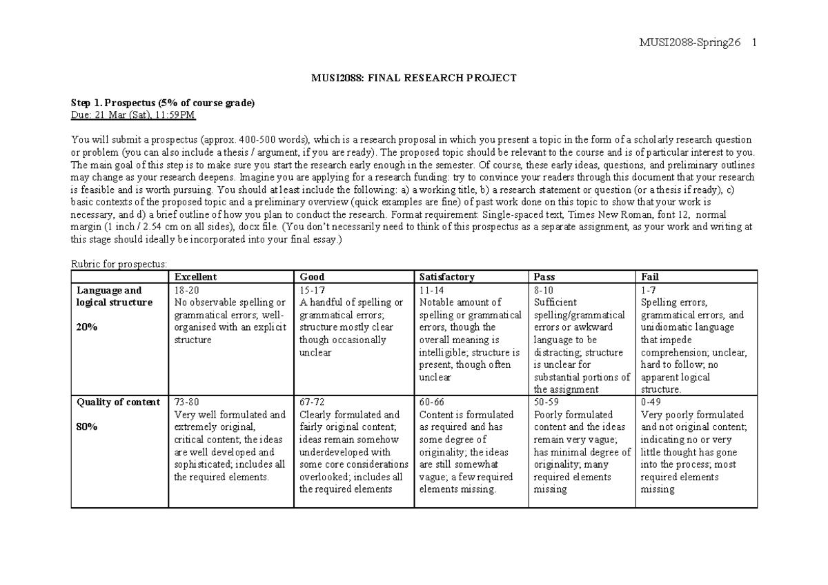 MUSI2088: FINAL RESEARCH PROJECT Prospectus & Essay Guidelines - Studocu