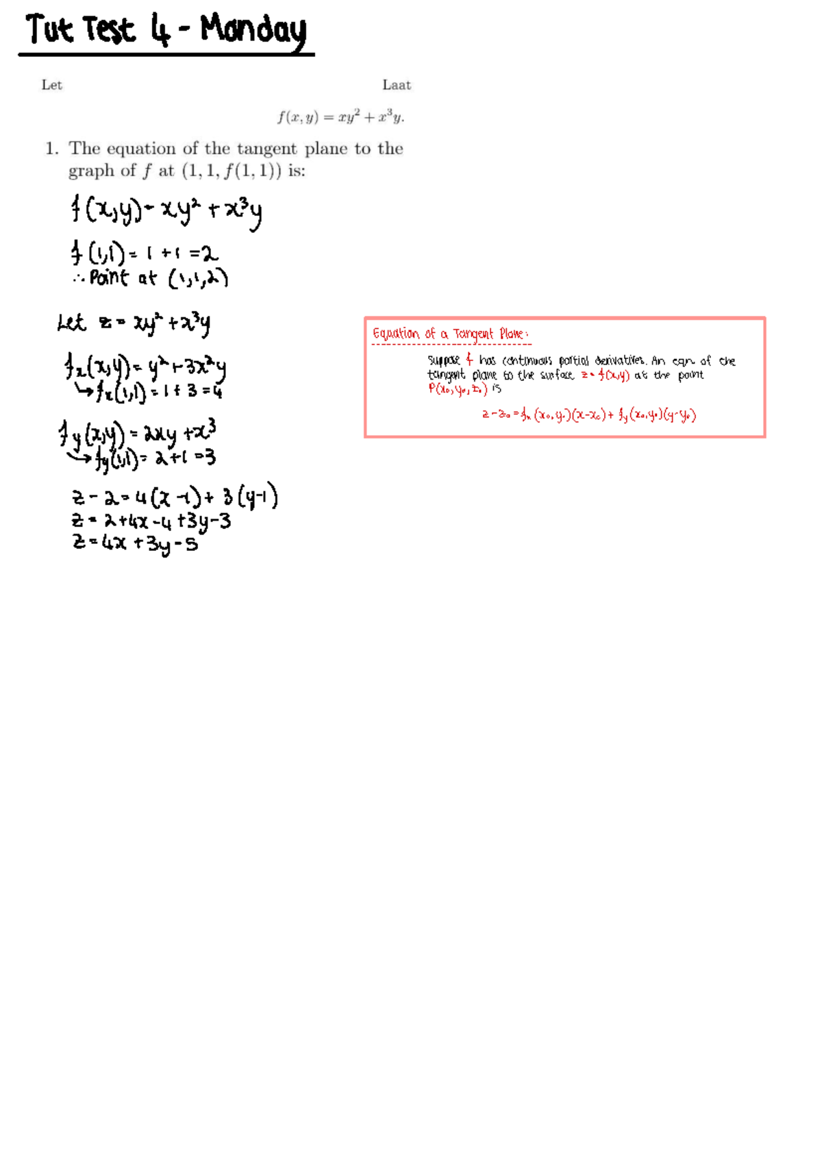 Tut Test 4 - Monday - Analysis of Tangent Planes - Studocu