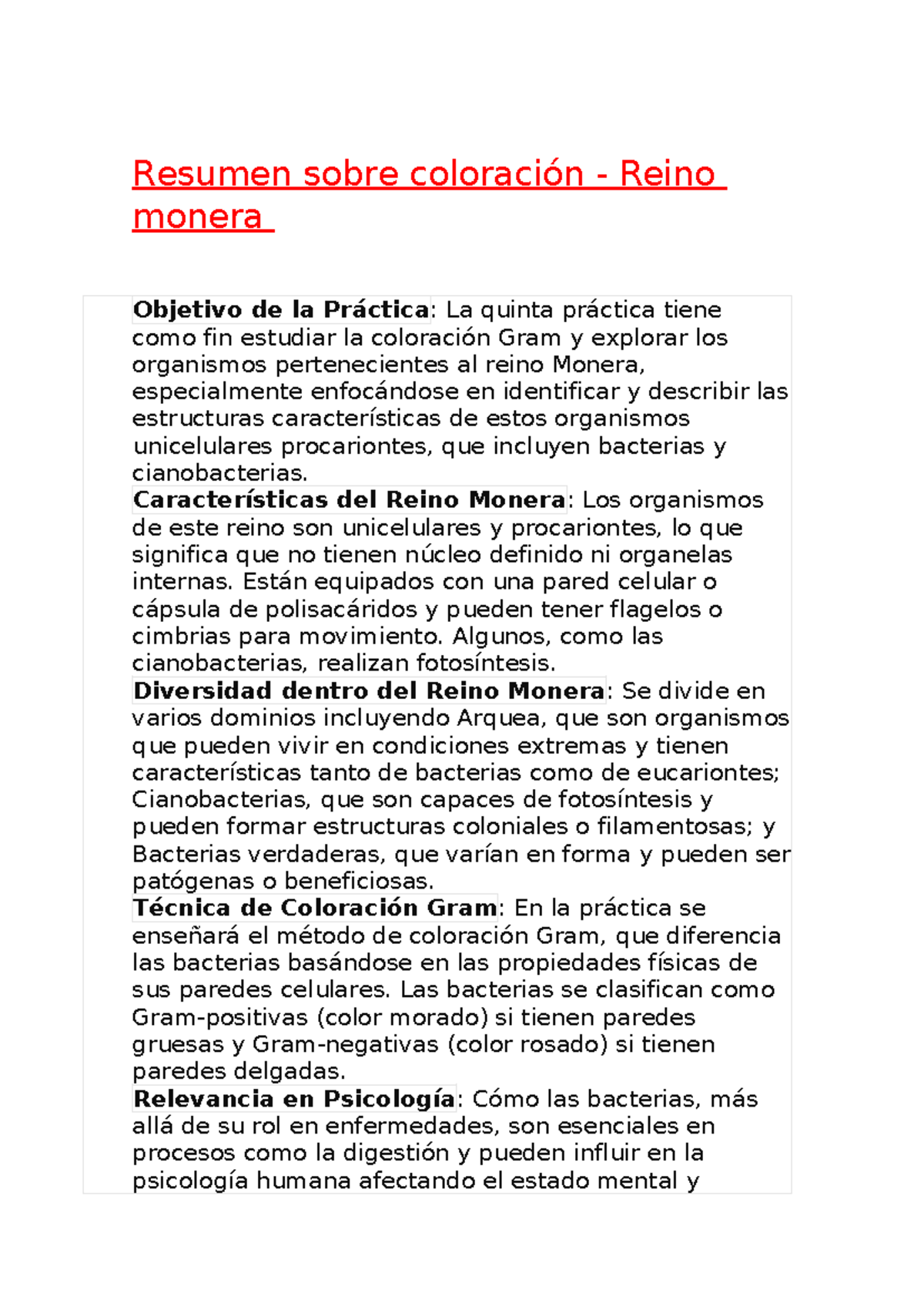 Resumen de la Coloración Gram y el Reino Monera - Biología 101 - Studocu