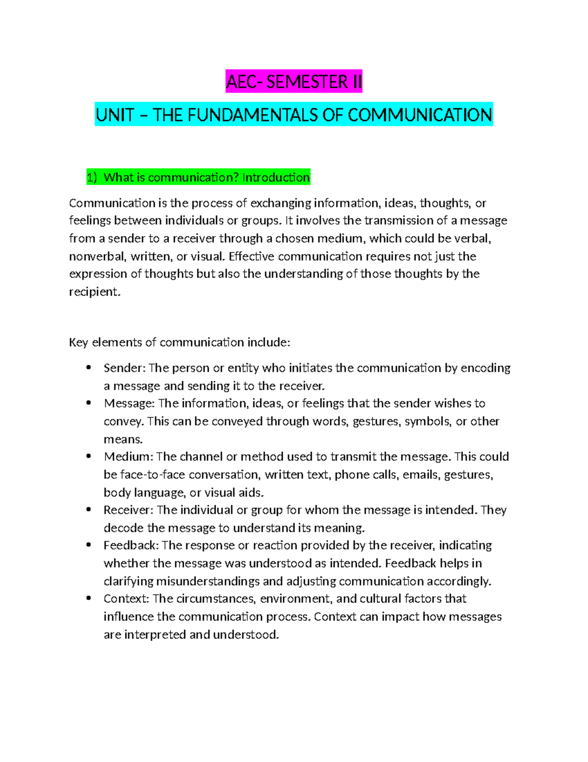 AEC- SEM II Lecture Notes on The Fundamentals of Communication - Studocu