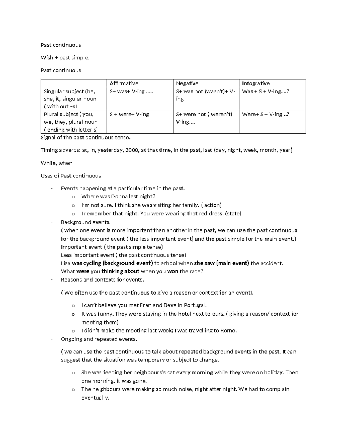 Unit 4 Grammar: Past Continuous & Simple Tense Overview - Studocu