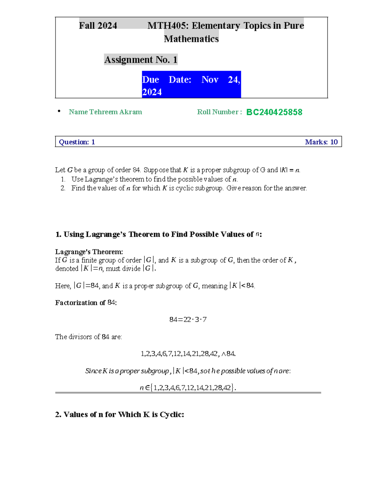 MTH405 Fall 2024: Assignment 1 on Group Theory and Permutations - Studocu