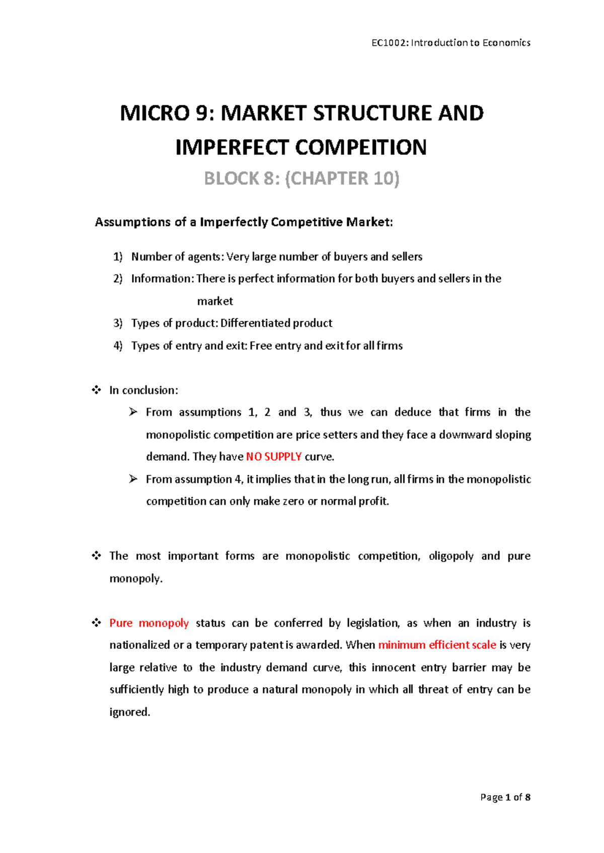 EC1002: Final Exam Notes on Market Structure & Imperfect Competition ...