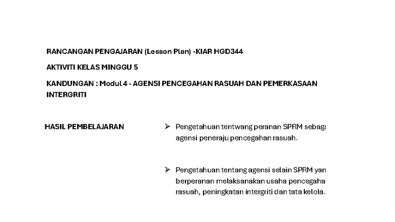 Lesson PLAN KIAR Modul 4- Agensi Pencegahan Rasuah DAN Pemerkasaan ...