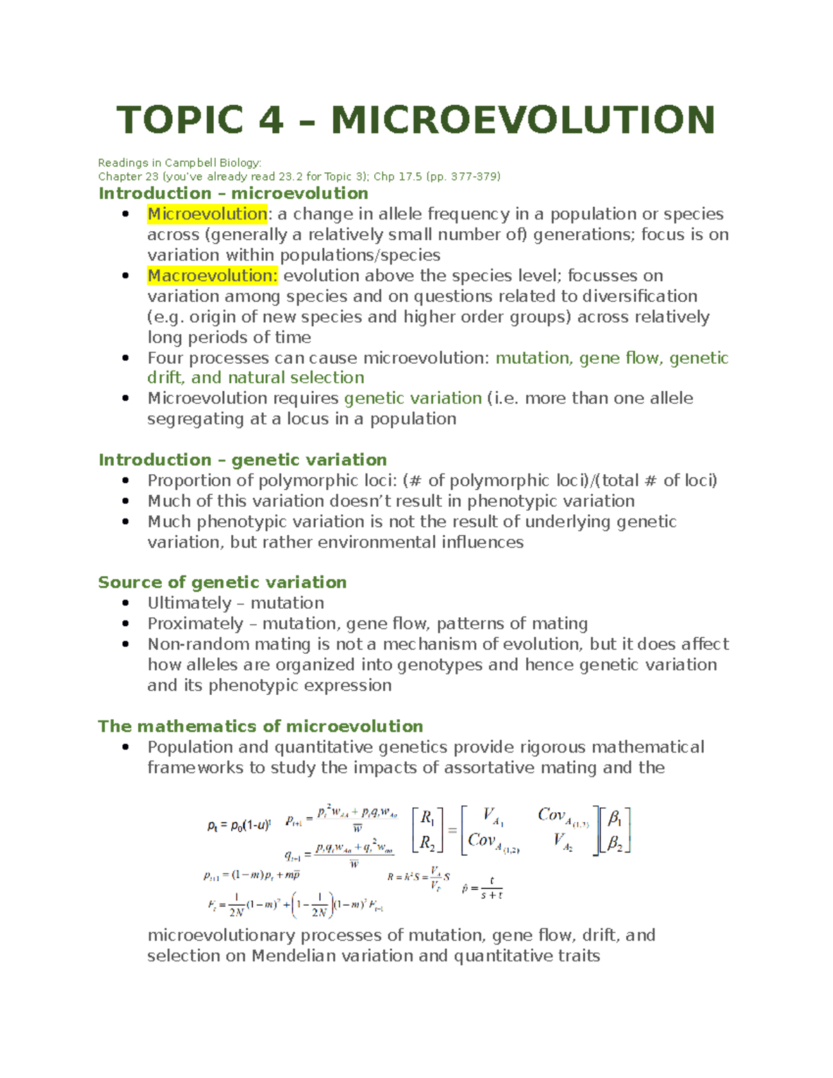 Topic 4 - Microevolution - TOPIC 4 – MICROEVOLUTION Readings in ...