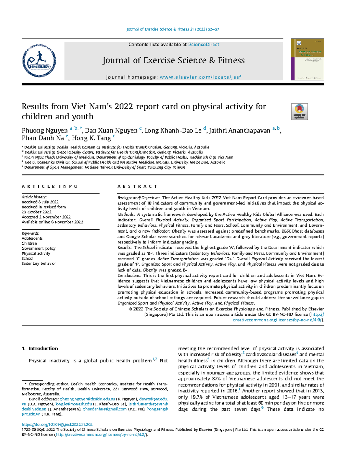 Vietnam 2022 Report Card on Physical Activity for Children & Youth ...