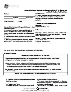 CHN 101: Community Health Nursing - Key Concepts and Definitions - Studocu