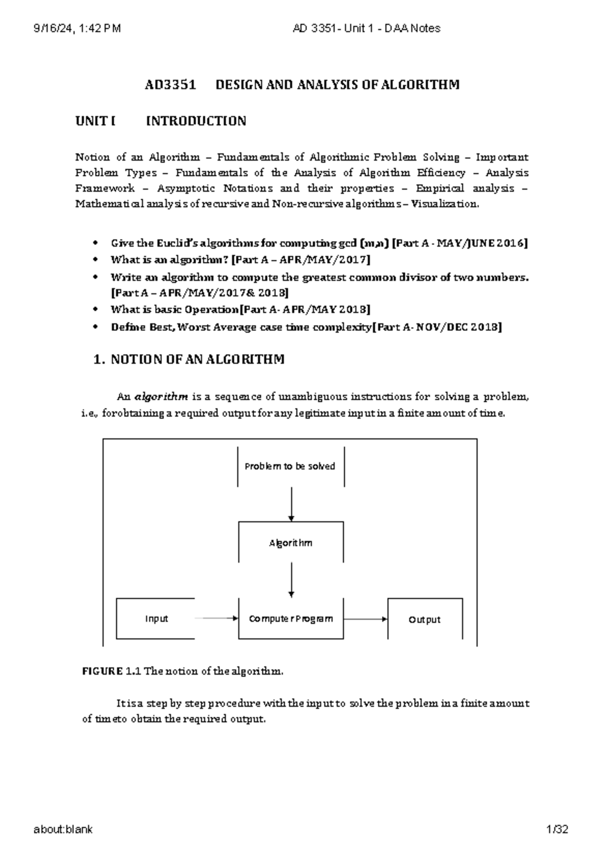 AD 3351 - Unit 1 - Introduction to Algorithms and Problem Solving - Studocu