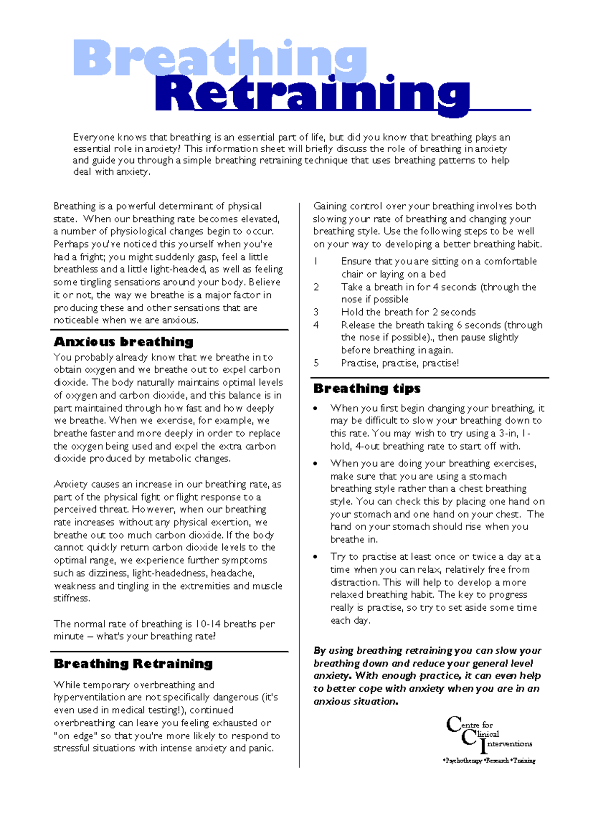 Panic Info Sheet - Breathing Retraining Techniques for Anxiety - Studocu