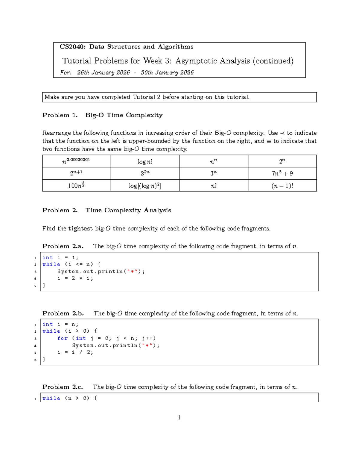 CS2040: Week 3 Tutorial Problems on Asymptotic Analysis - Studocu