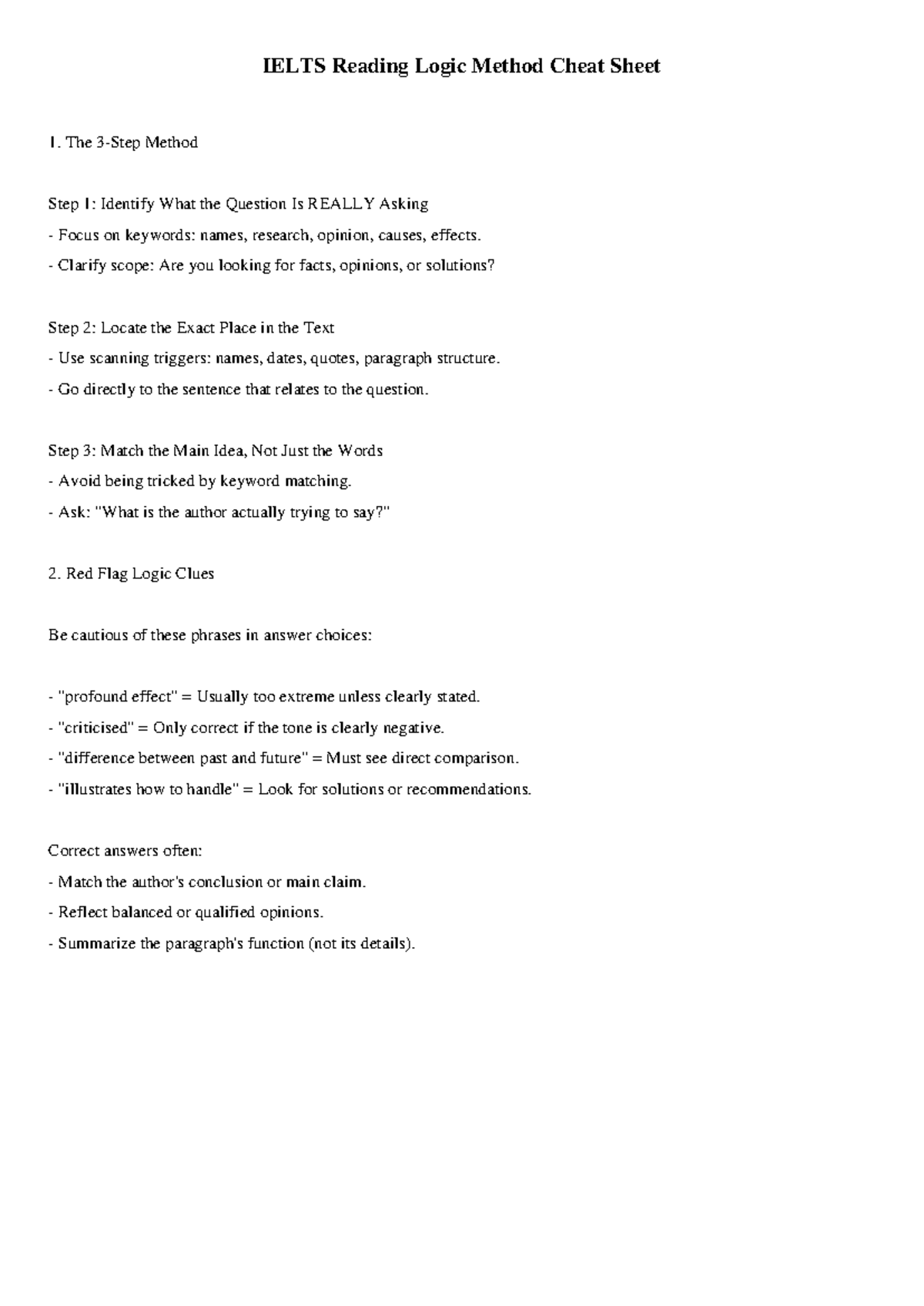 IELTS Reading Logic Method Cheat Sheet: Key Strategies & Tips - Studocu