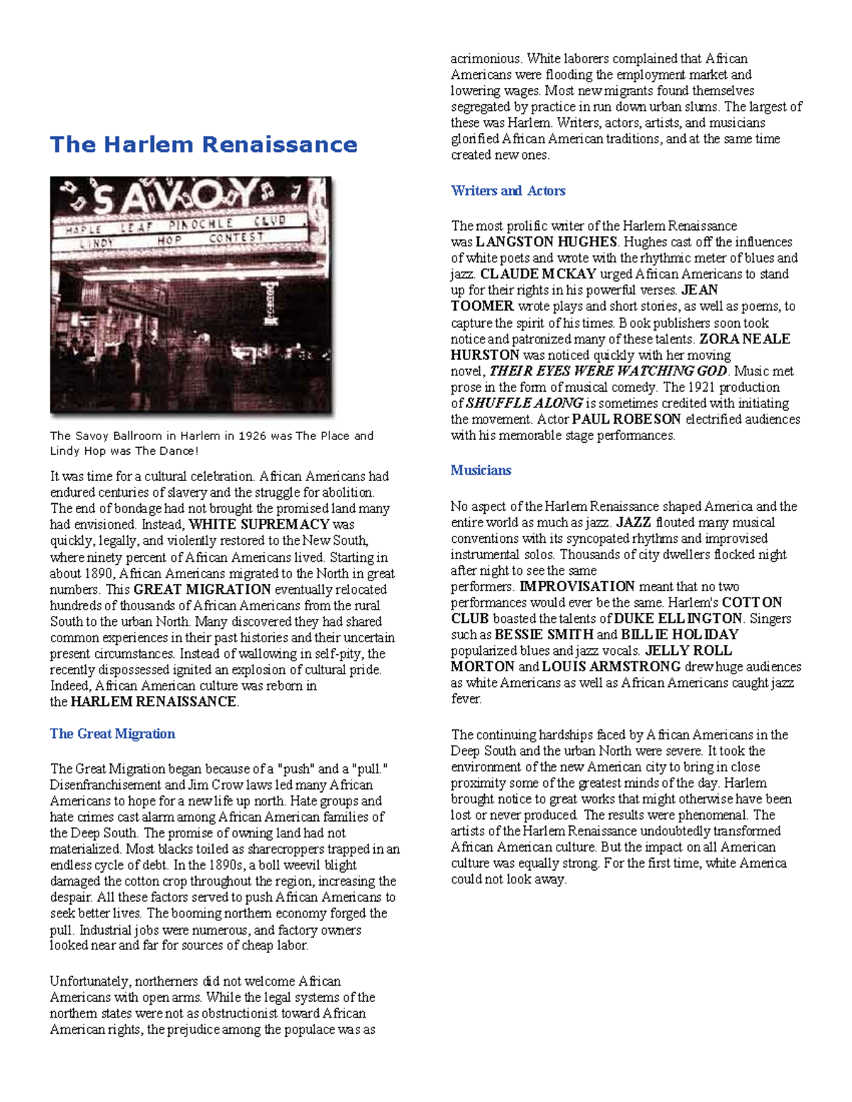 Harlem Renaissance: Cultural Impact and Key Figures Discussion - Studocu