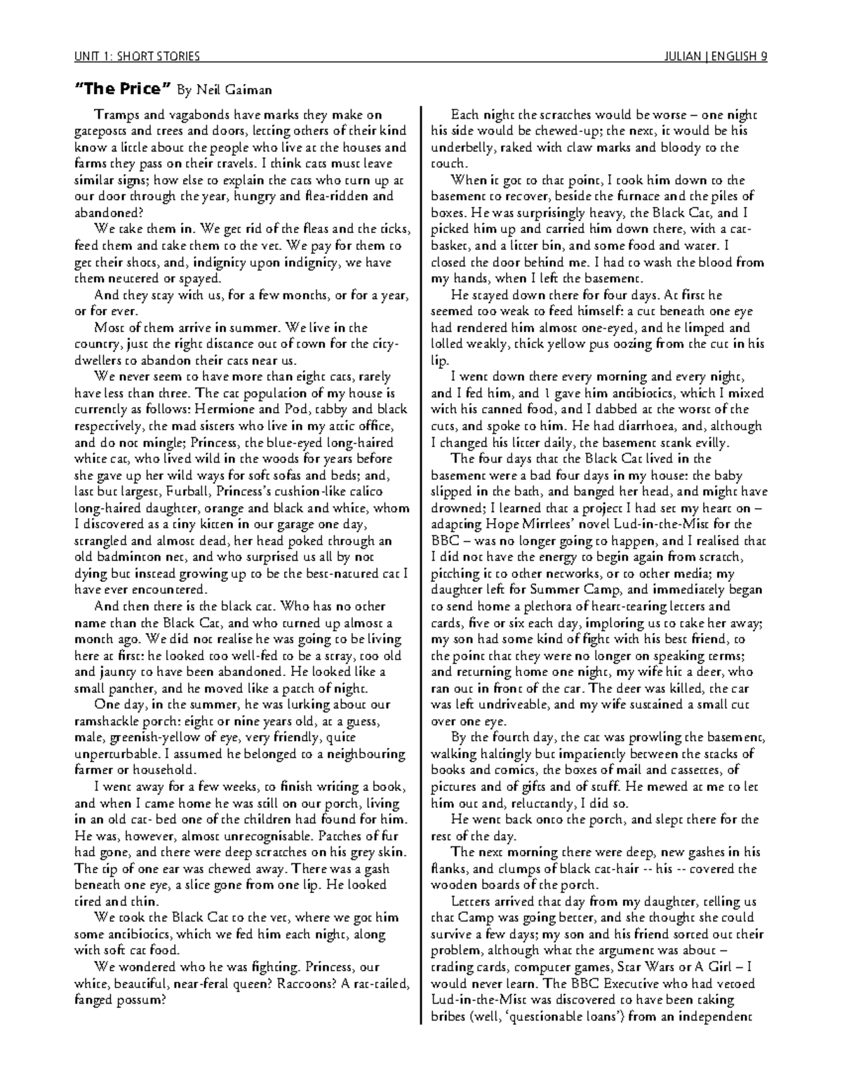The Price - This is a copy of the script. - UNIT 1: SHORT STORIES ...